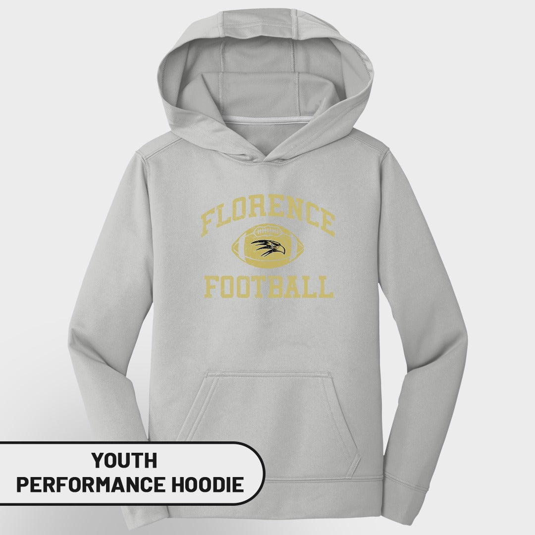 Youth gray performance hoodie with Florence football graphic and text.