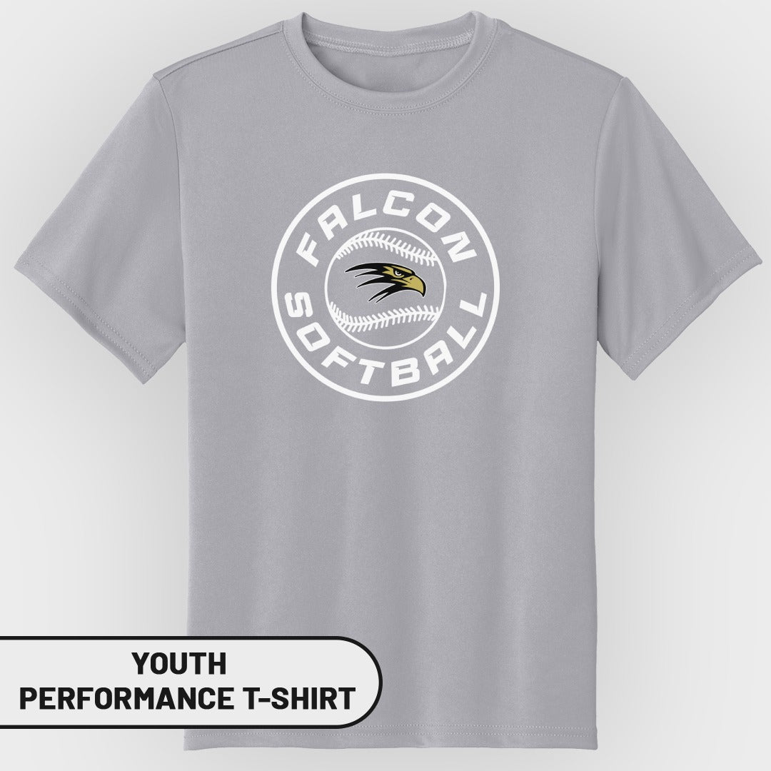 Youth performance t-shirt with circular "Falcon Softball" logo featuring a falcon head.