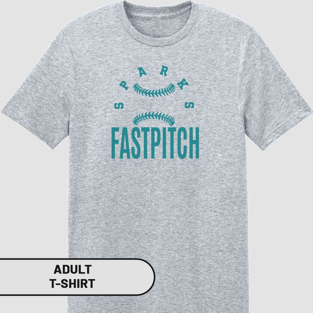 Grey adult t-shirt with "SPARKS FASTPITCH" baseball design.