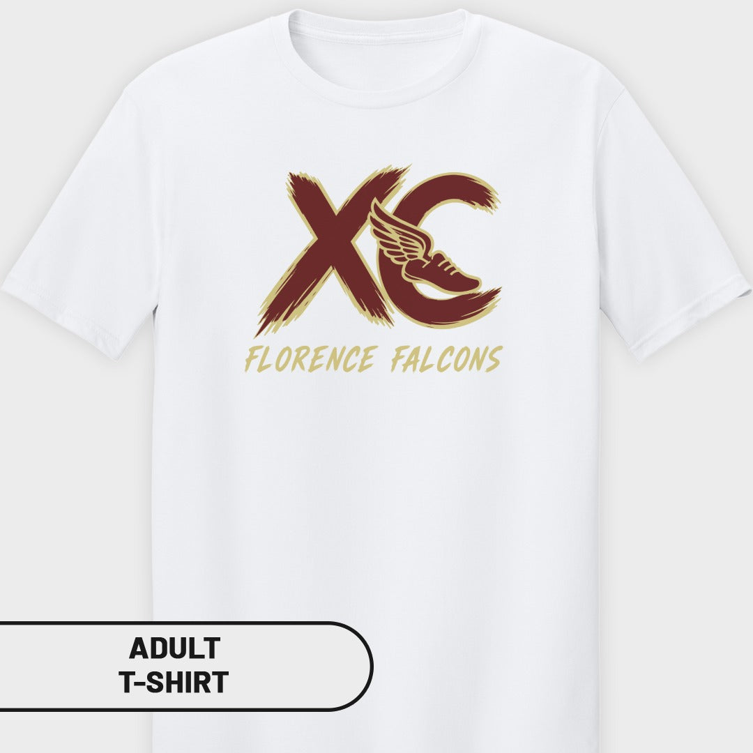 White adult t-shirt with "XC" logo and "Florence Falcons" text.
