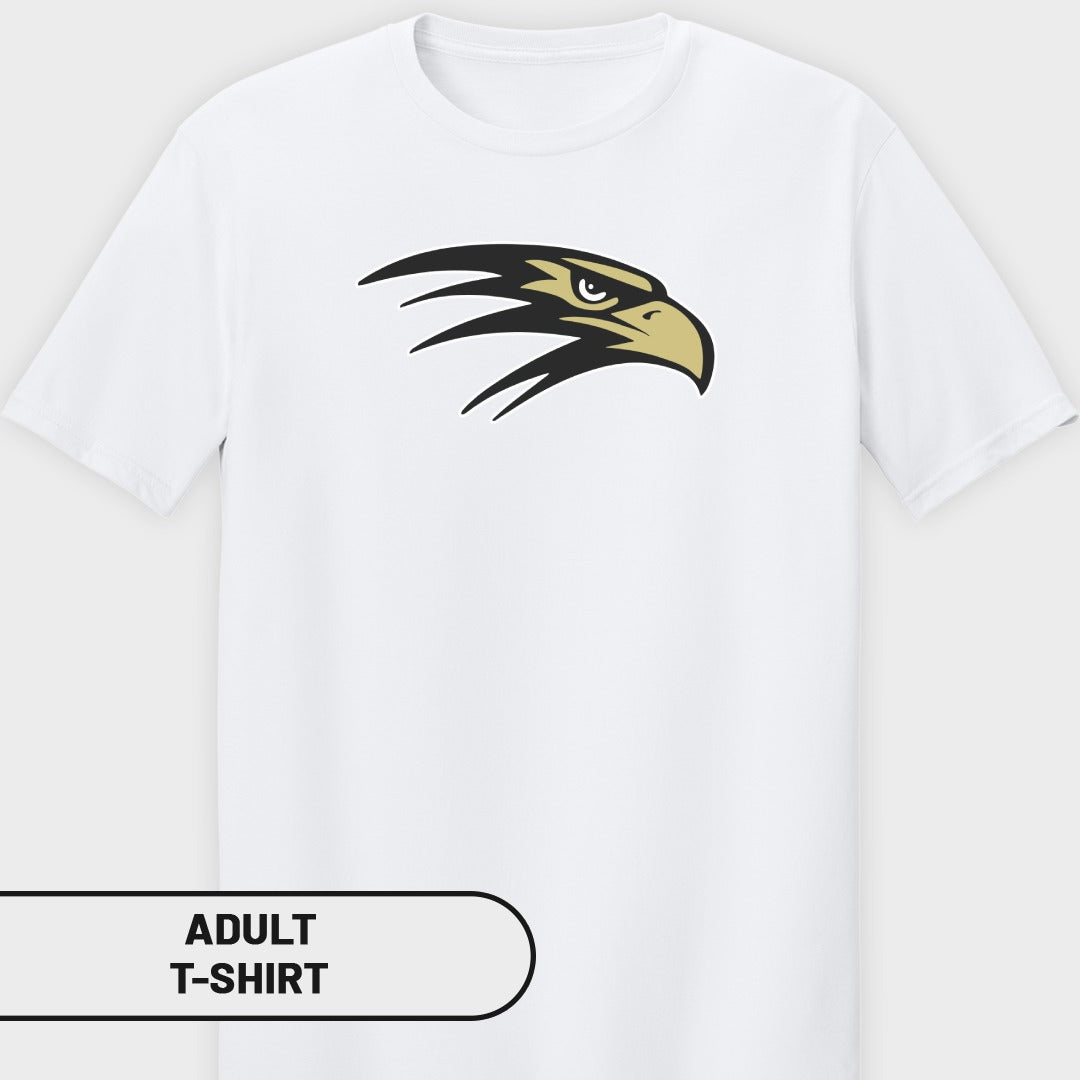 White adult t-shirt with a black and gold eagle head graphic.