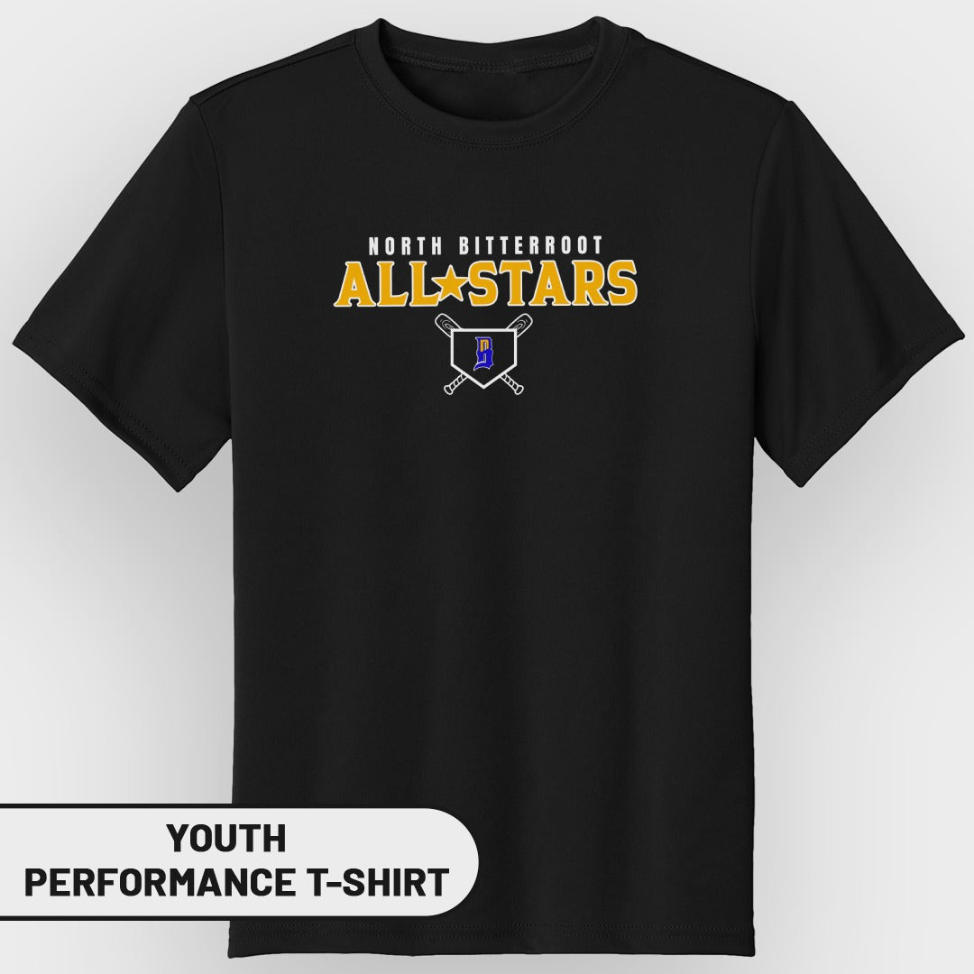 Black youth performance t-shirt with "North Bitterroot All-Stars" logo and crossed bats.