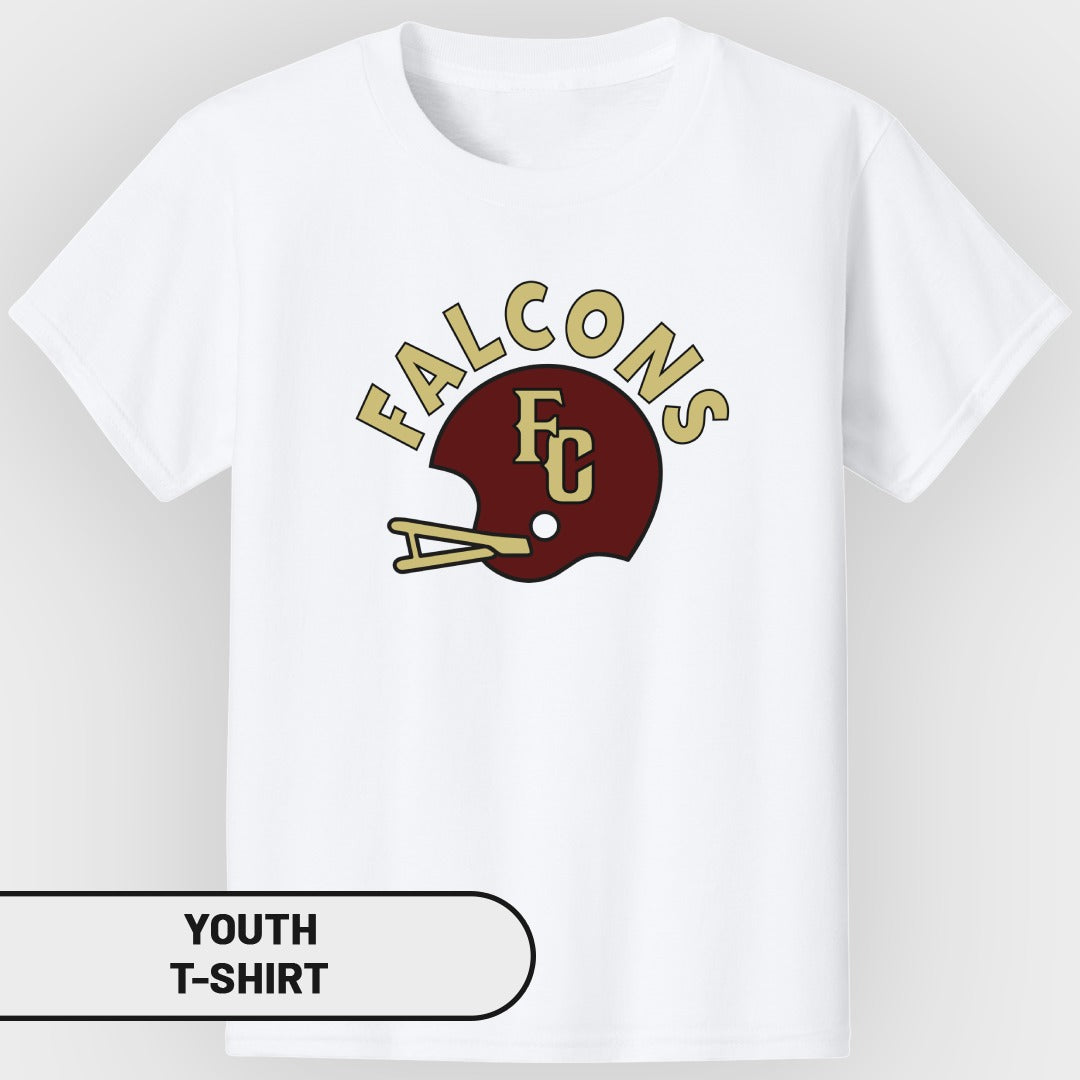 White youth t-shirt with maroon and gold "F.C." helmet and "FALCONS" text.