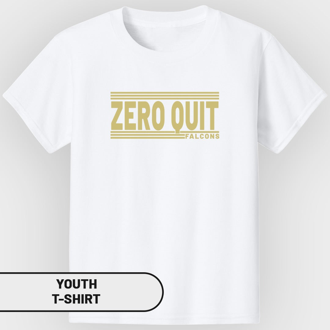 White youth t-shirt with gold "ZERO QUIT FALCONS" graphic design.