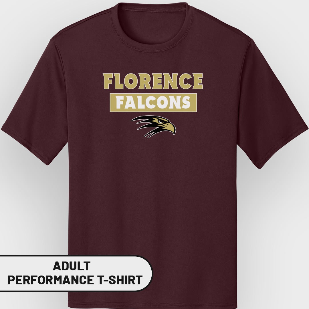 Maroon adult performance t-shirt with "Florence Falcons" and eagle logo.