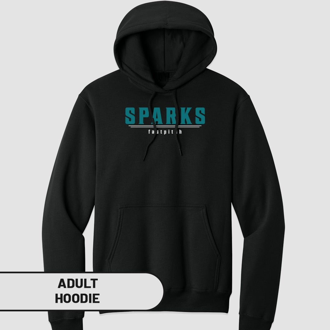 Black adult hoodie with "SPARKS fastpitch" logo in teal and white.