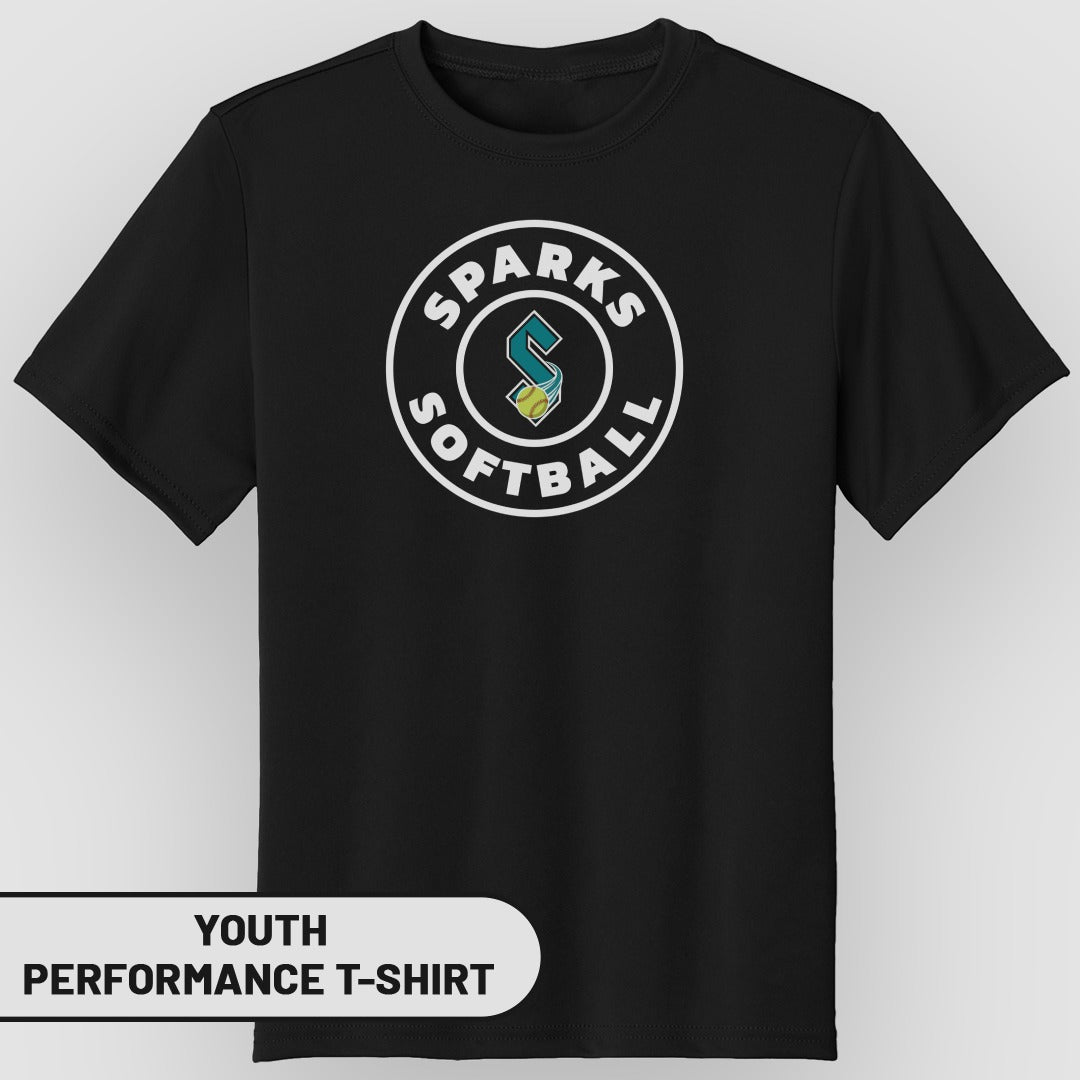 Youth performance t-shirt with "Sparks Softball" logo on black fabric.