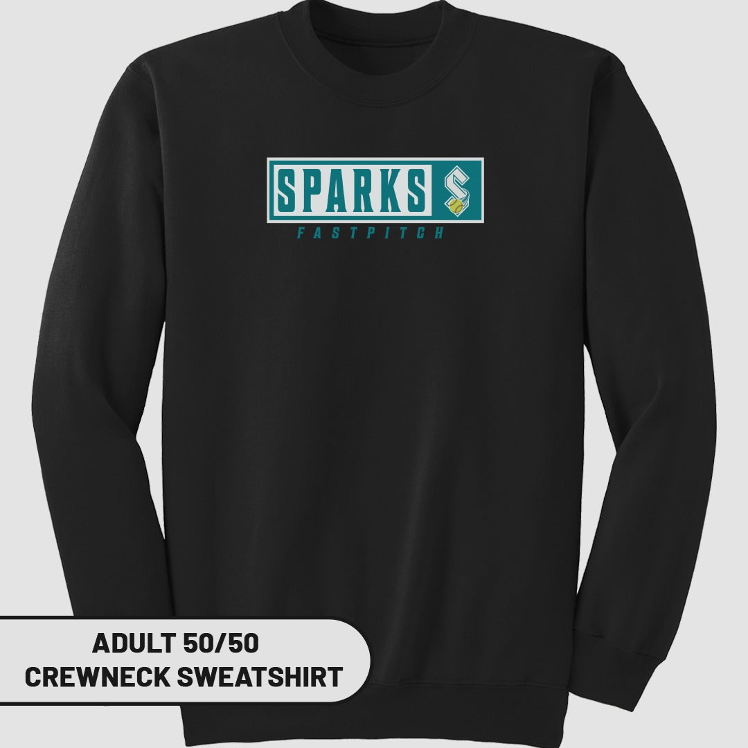 Black crewneck sweatshirt with "SPARKS FASTPITCH" logo.