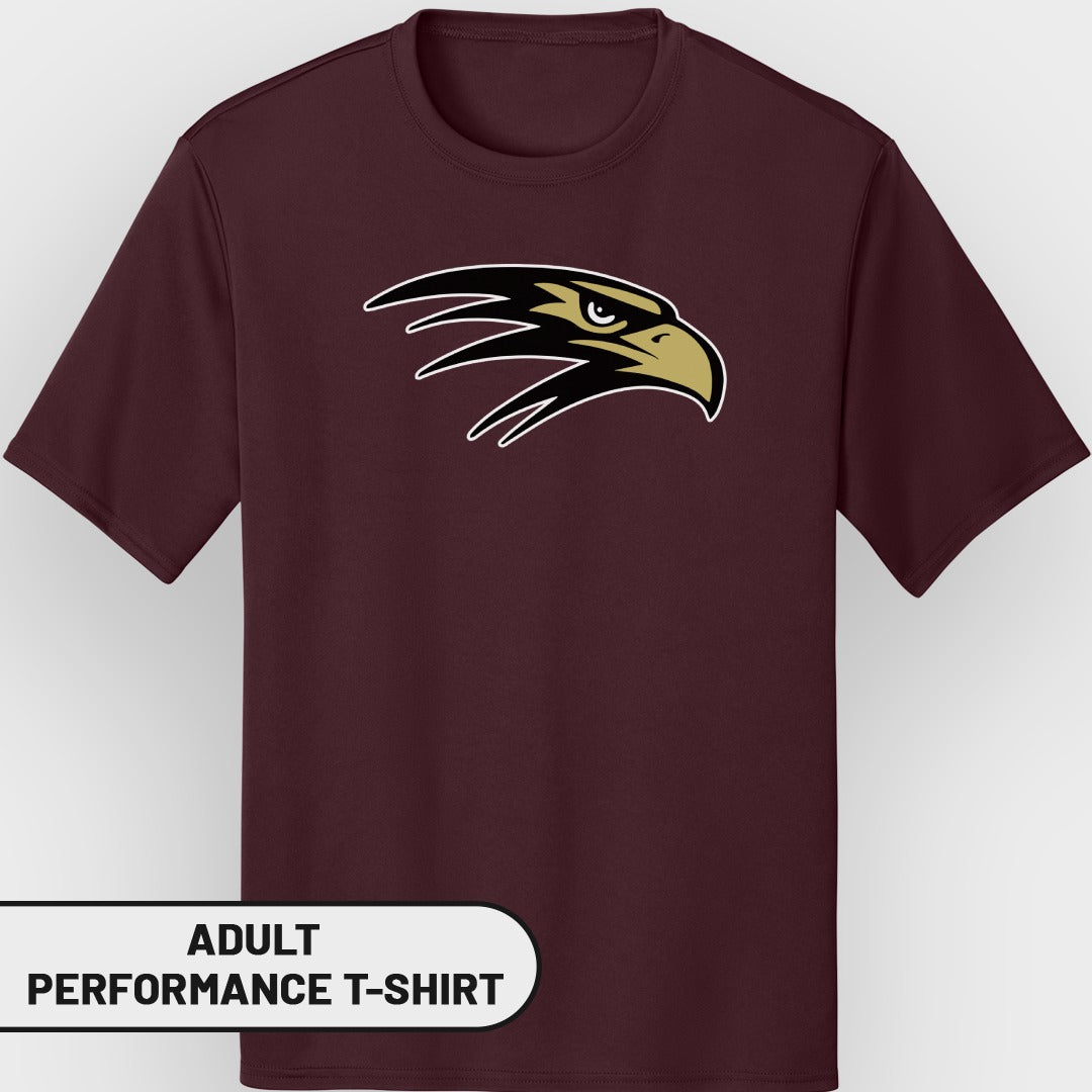 Maroon adult performance t-shirt with black and gold eagle logo.