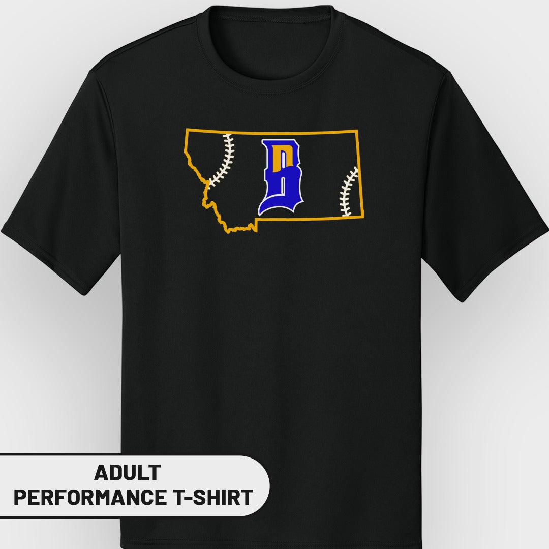 Black adult performance t-shirt with a yellow Montana outline containing a blue baseball stitch logo.