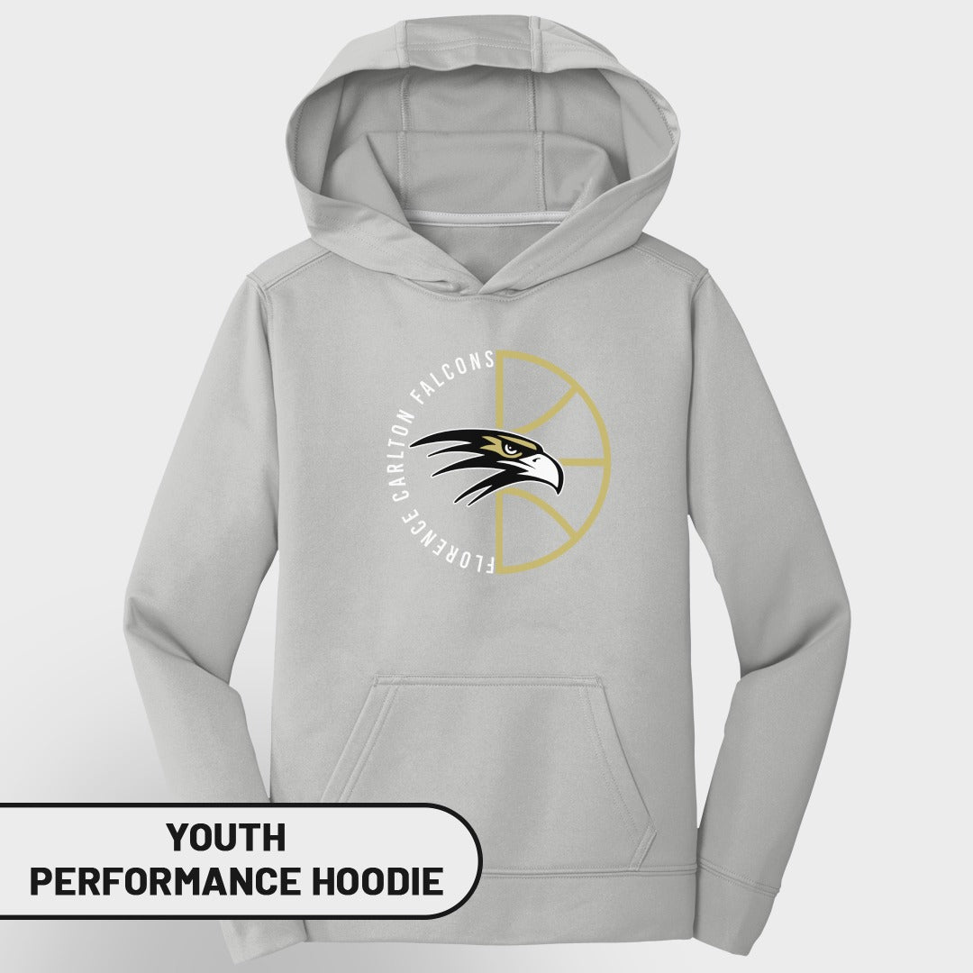 Grey youth performance hoodie with Carlton Florence Falcons logo.
