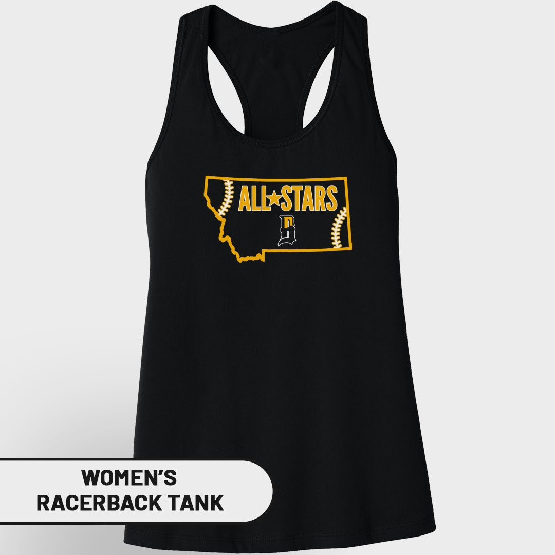 Women's black All-Stars tank with Montana outline and baseball graphic.