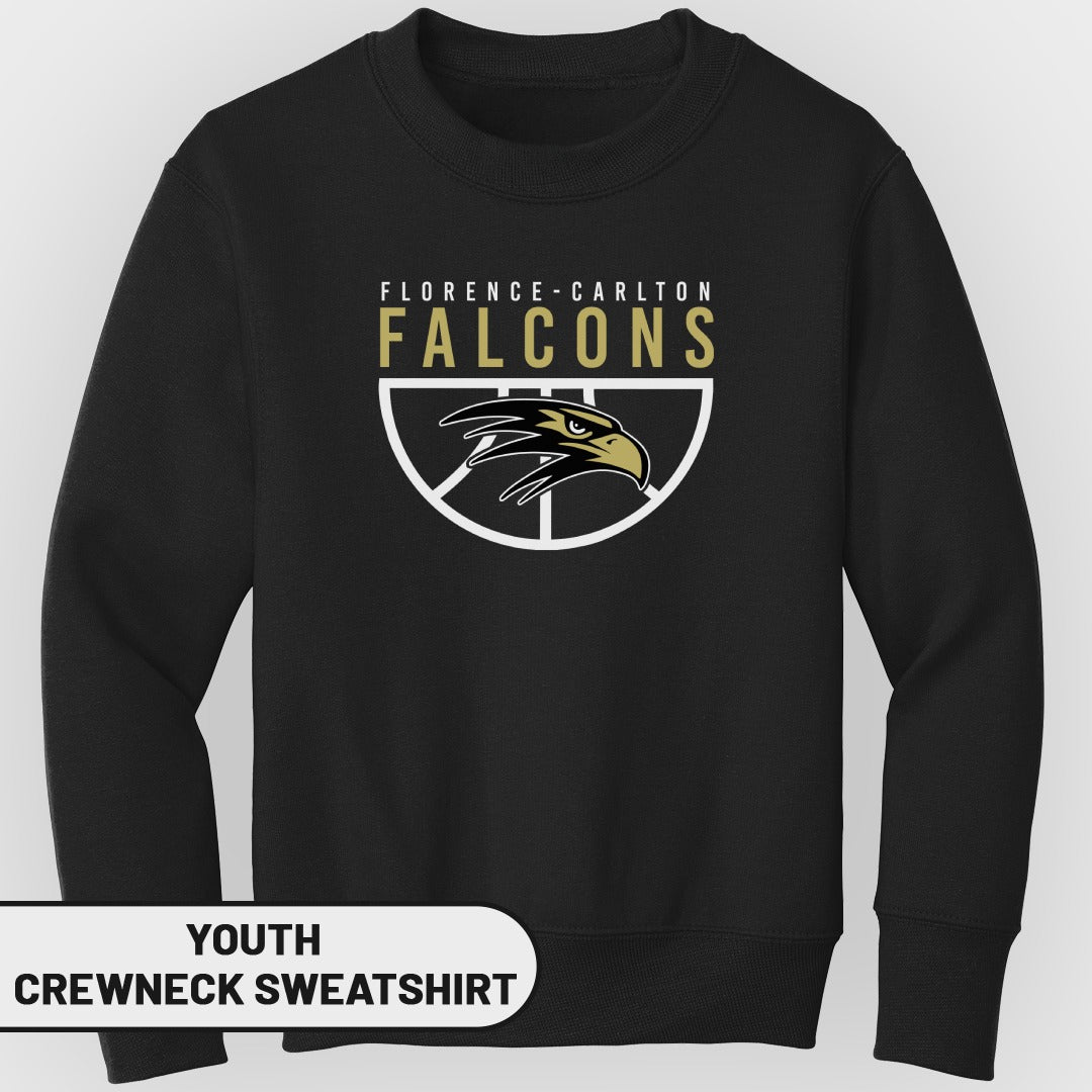 Youth black crewneck sweatshirt with Florence-Carlton Falcons logo.