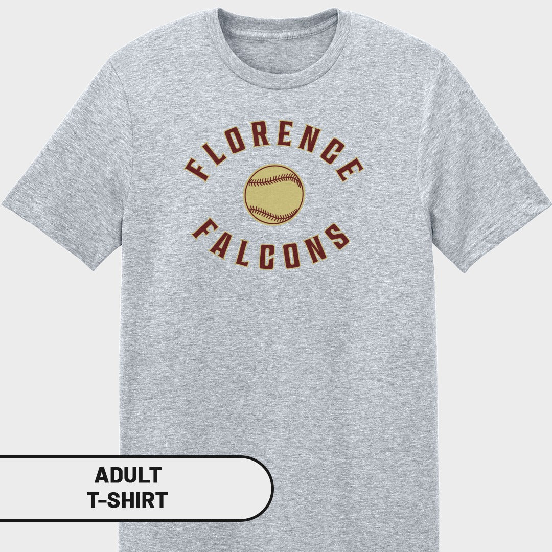 Grey adult t-shirt with "Florence Falcons" text and softball graphic.