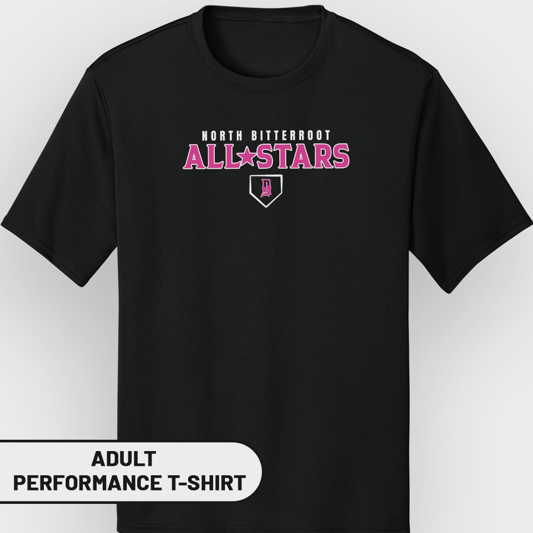 Black t-shirt with "North Bitterroot All-Stars" baseball logo.