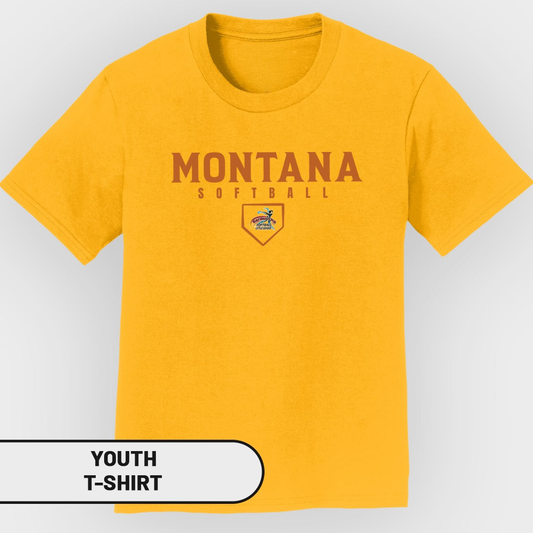 Yellow youth t-shirt with "Montana Softball" and a softball logo.