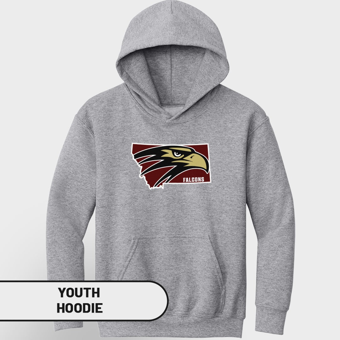 Grey youth hoodie with a Montana outline featuring a falcon logo and "FALCONS" text.