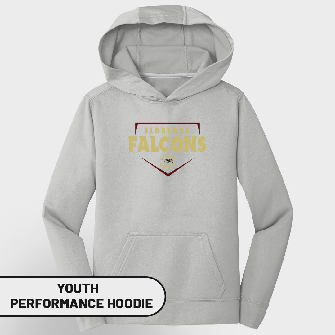 Youth light gray performance hoodie with Florence Falcons logo on chest.