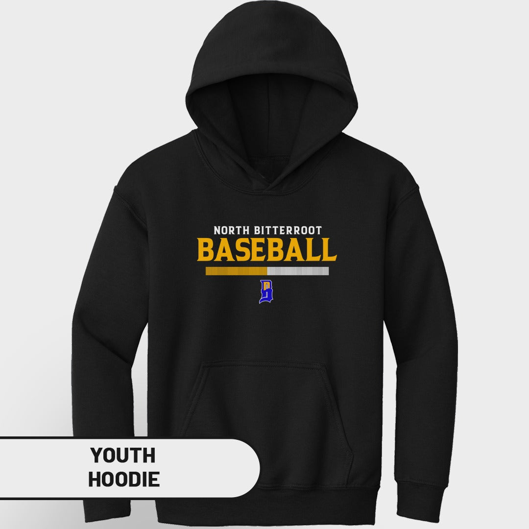 Black youth hoodie with "North Bitterroot Baseball" text and team logo.