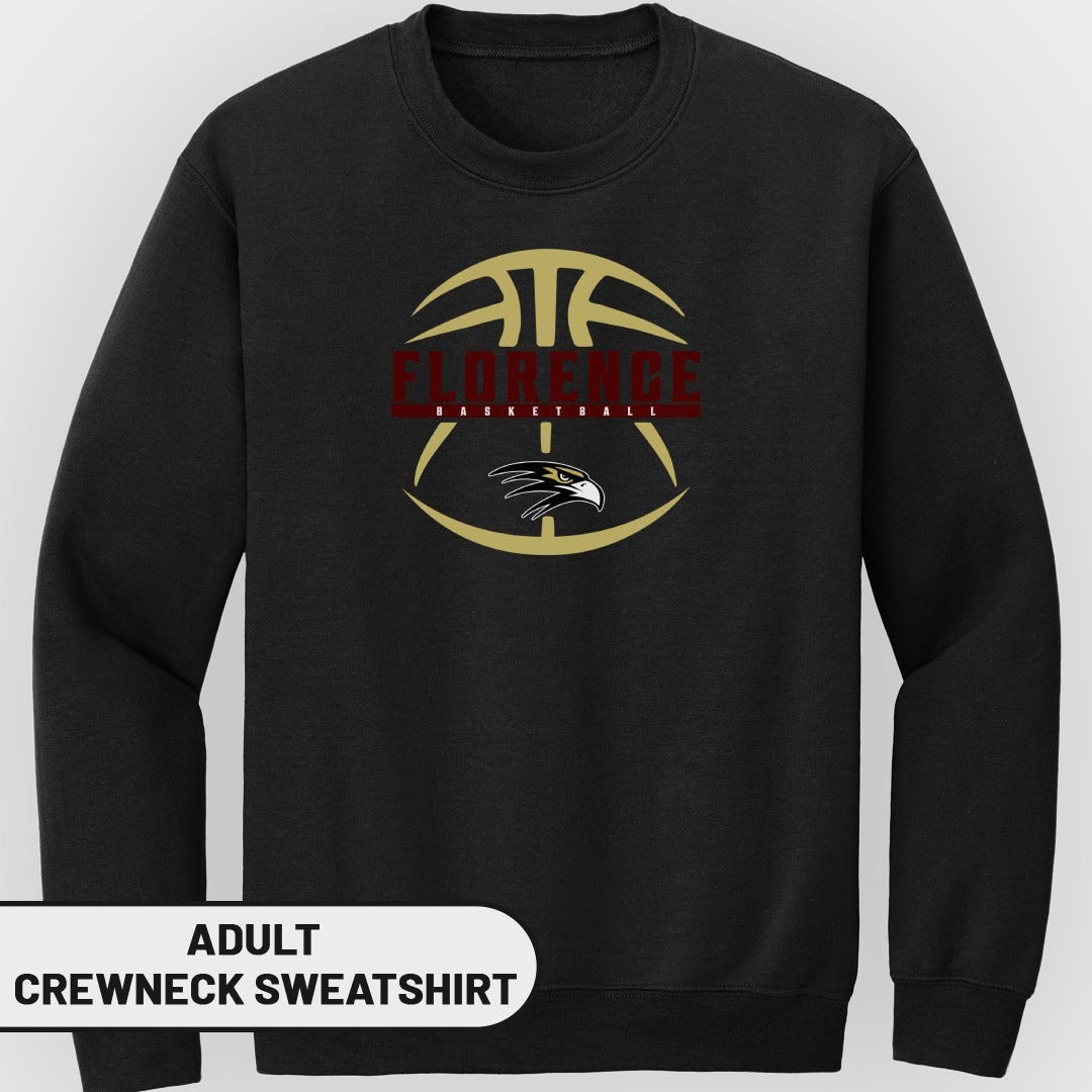 Black adult crewneck sweatshirt with Florence Basketball logo featuring an eagle.