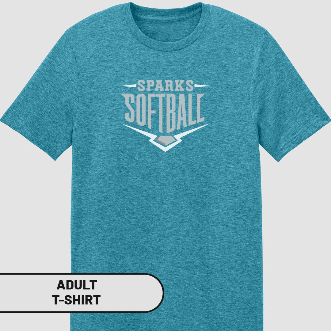 Teal t-shirt with "Sparks Softball" logo and "Adult T-Shirt" label.