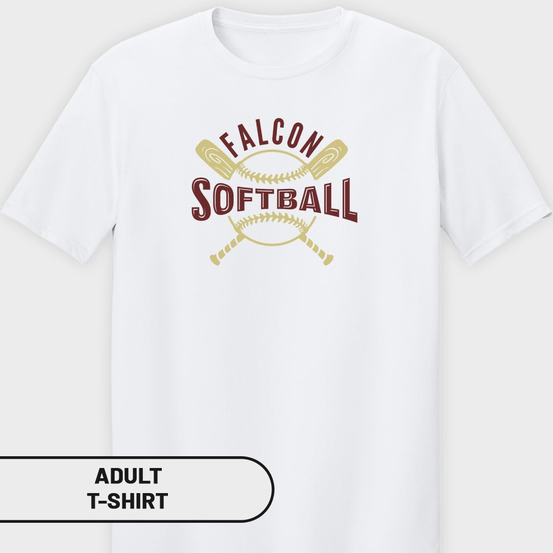 White adult t-shirt with "FALCON SOFTBALL" text and baseball graphic.