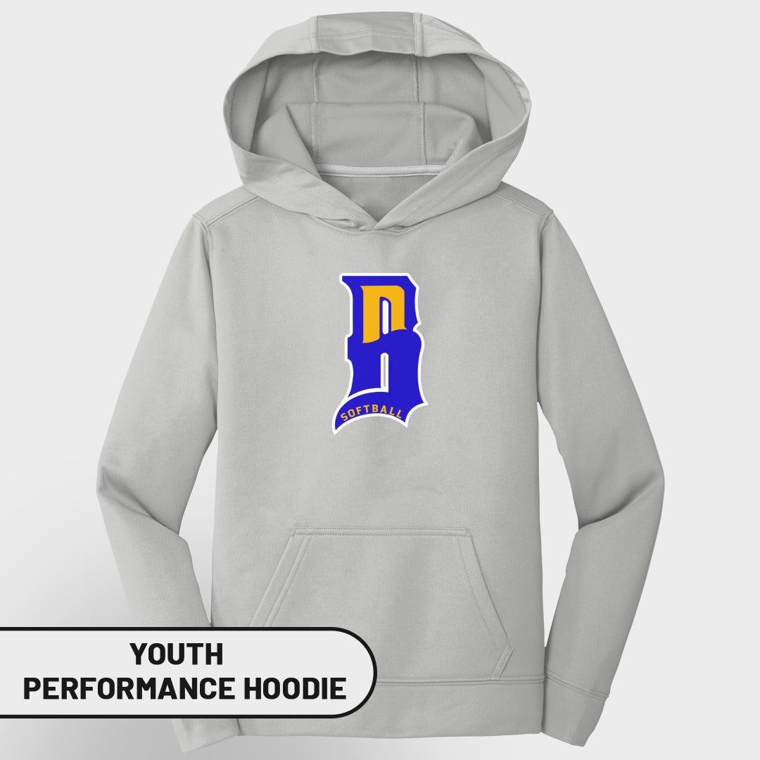 Gray youth performance hoodie with blue and yellow 'D' softball logo.