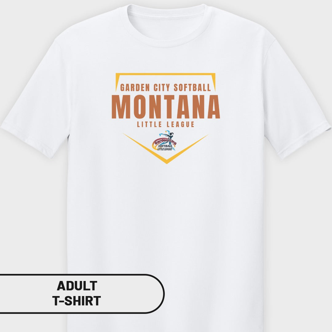White t-shirt with "Garden City Softball Montana Little League" text and logo.