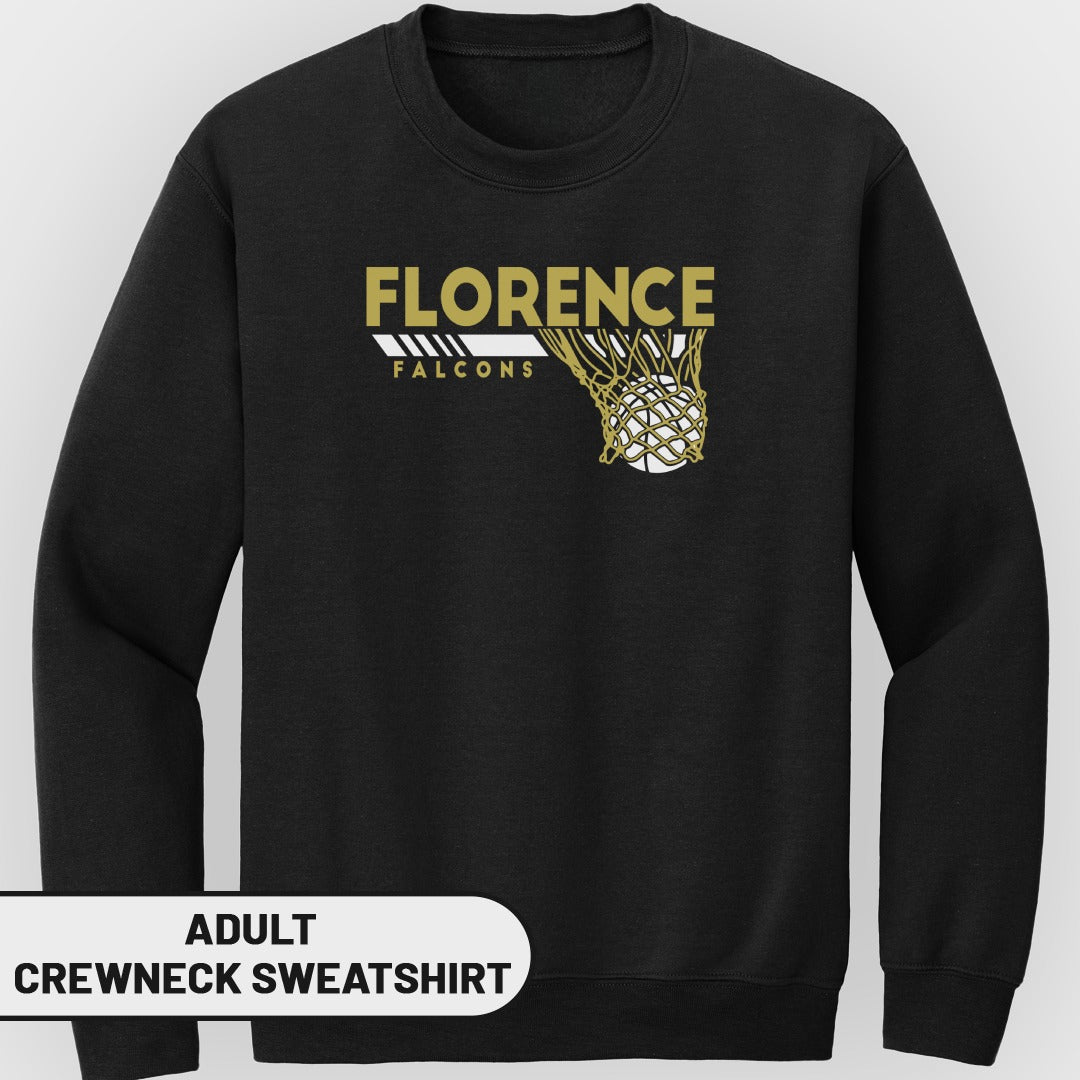 Black adult crewneck sweatshirt with "FLORENCE FALCONS" and basketball in net graphic.
