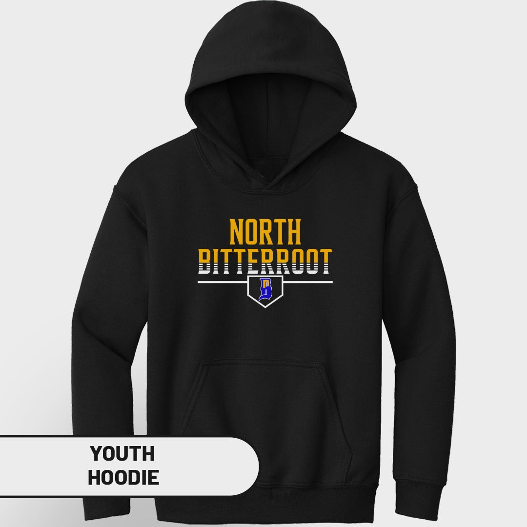 Black youth hoodie with "North Bitterroot" text and shield logo.