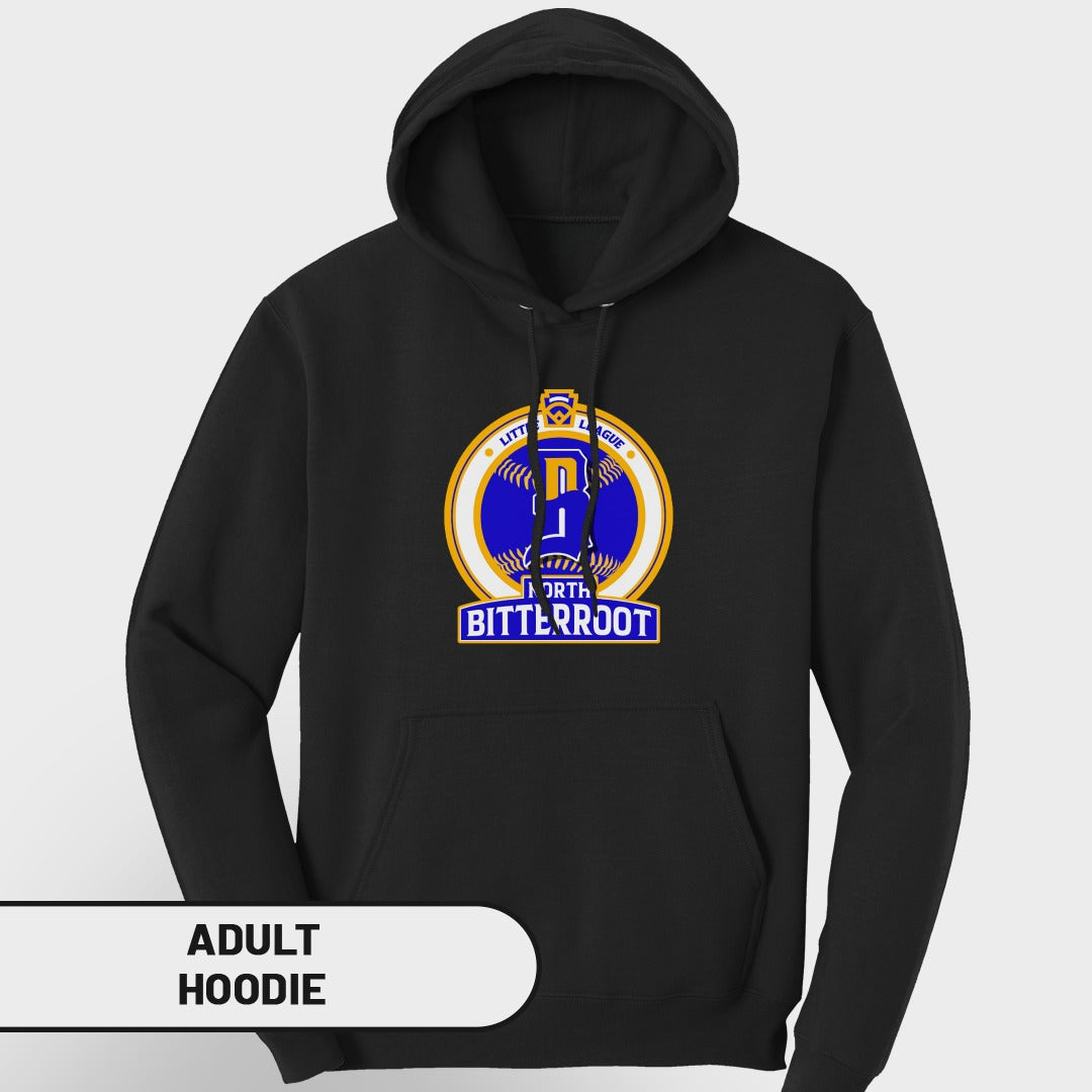 Black hoodie with a blue and yellow Little League Bitterroot logo.