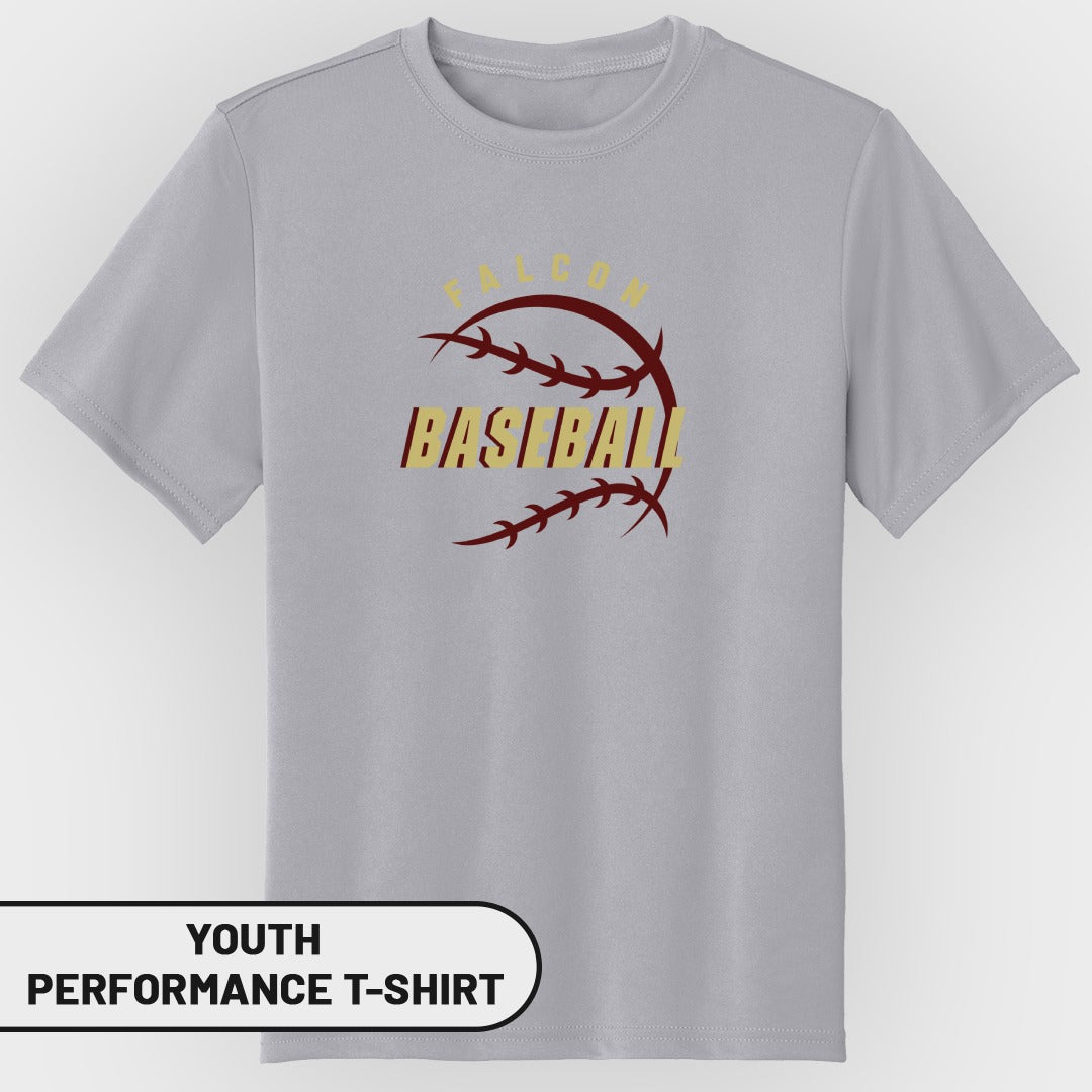 Gray youth performance t-shirt with "FALCON BASEBALL" text and baseball graphic.