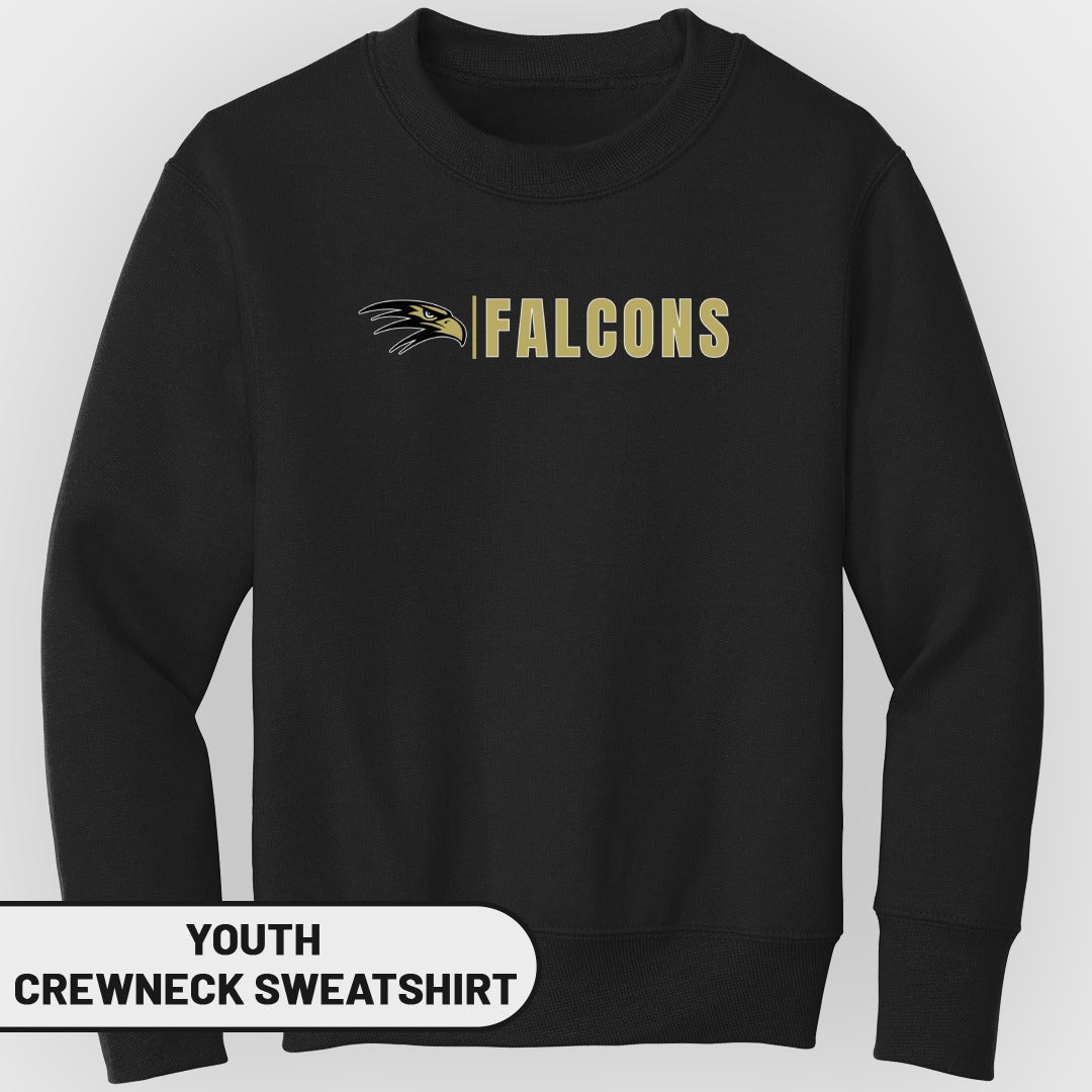 Black youth crewneck sweatshirt with gold "FALCONS" text and eagle graphic.