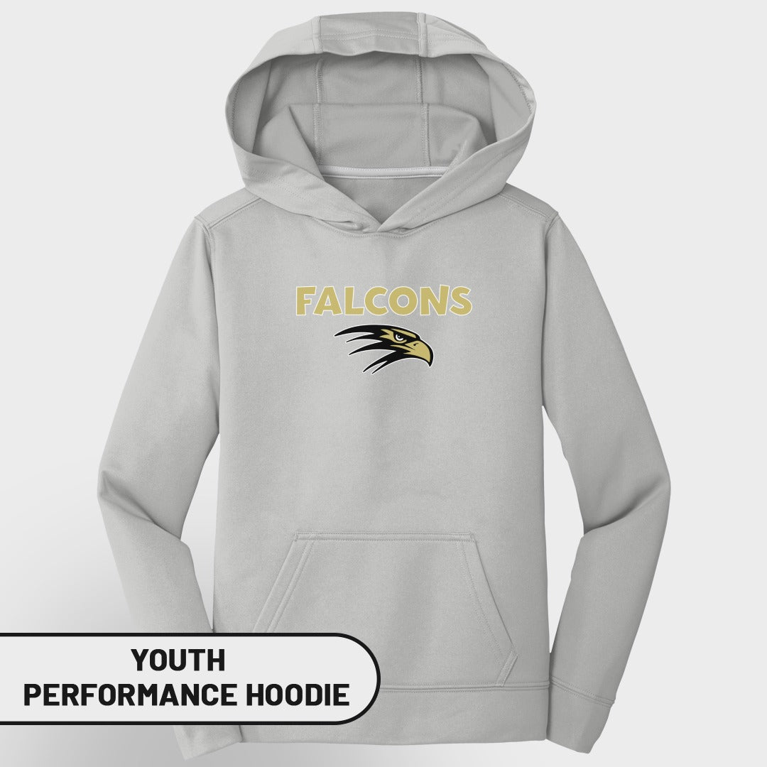 Youth light gray Falcons performance hoodie with eagle logo and text.