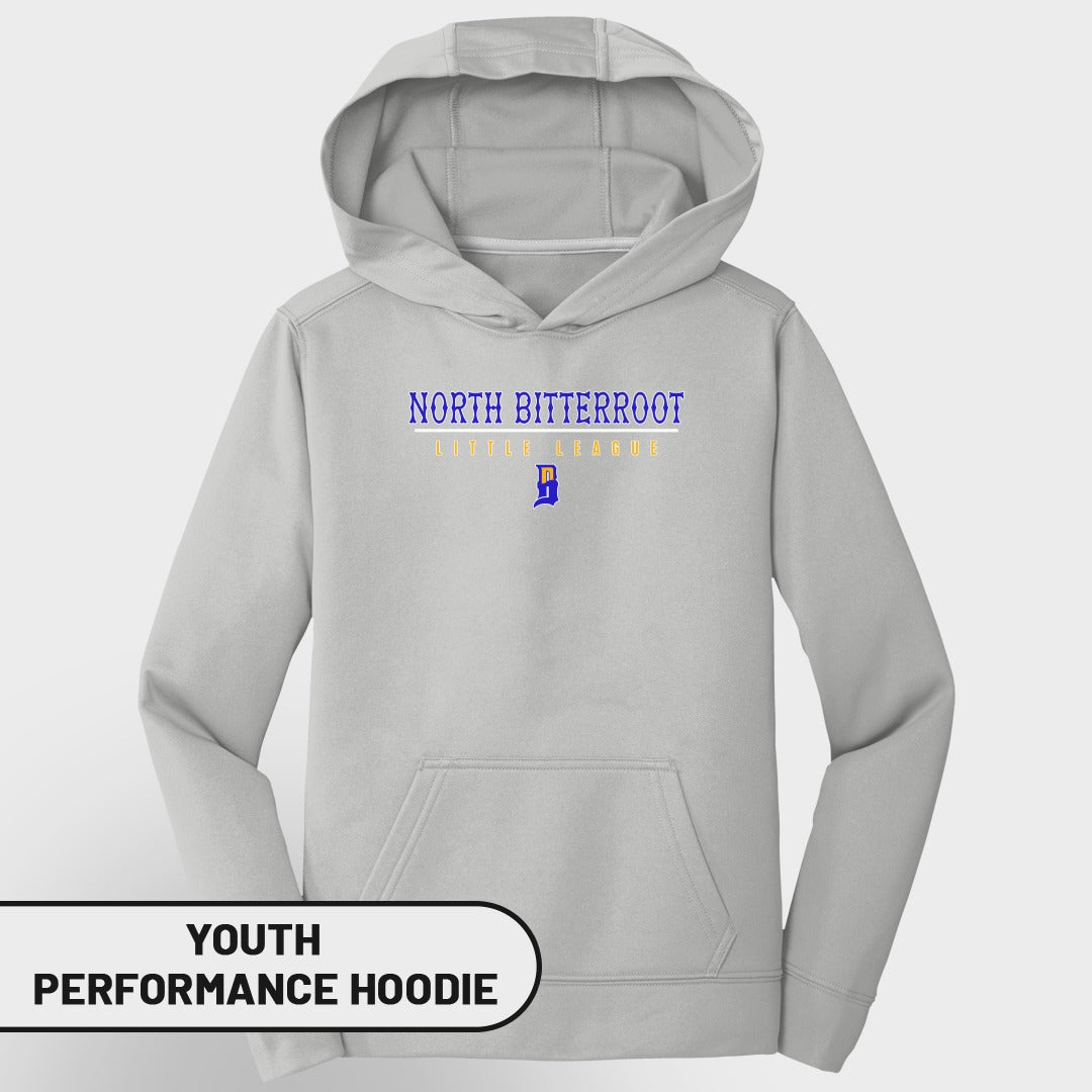 Youth North Bitterroot Little League performance hoodie.