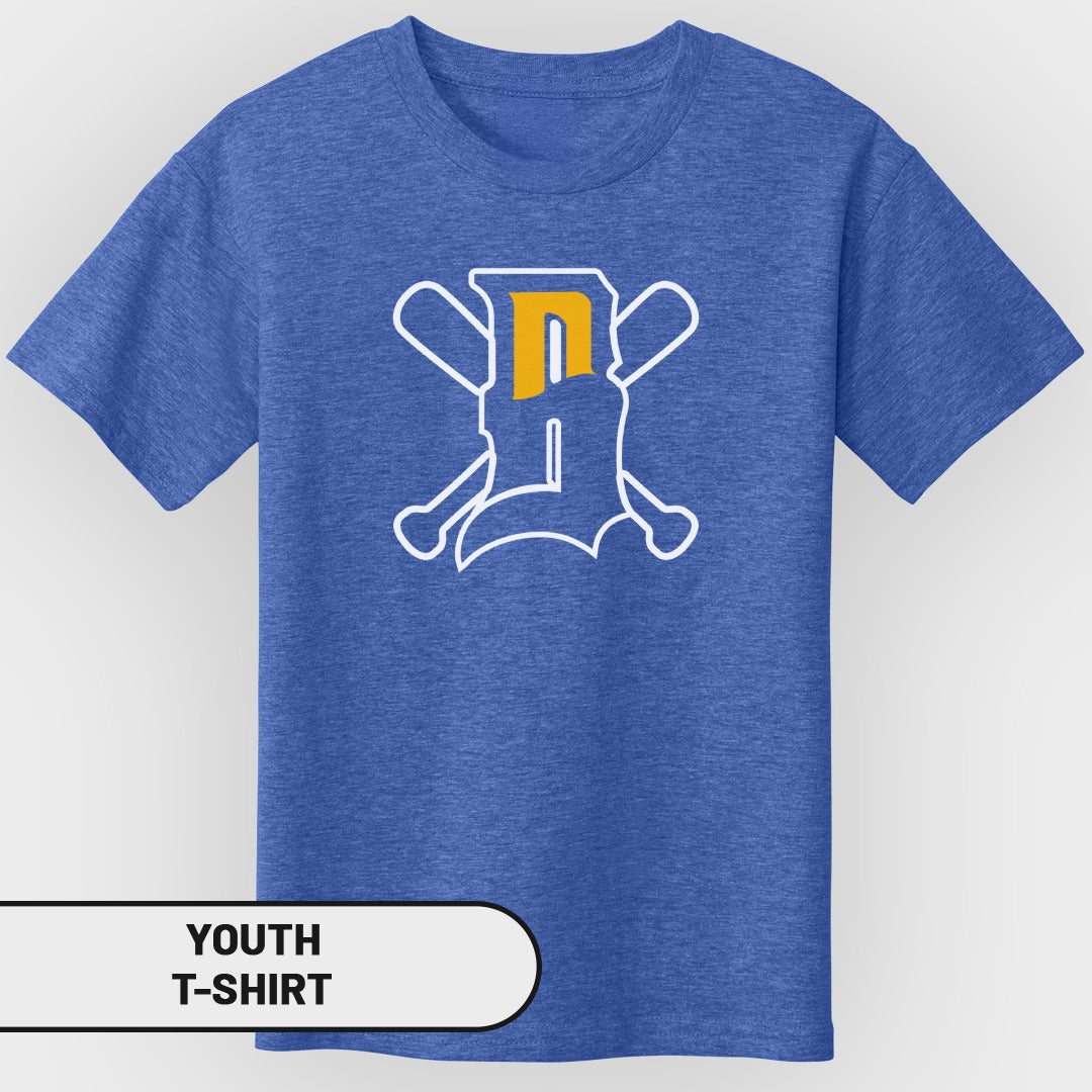 Youth t-shirt with white baseball bat crossed with an orange letter "D".