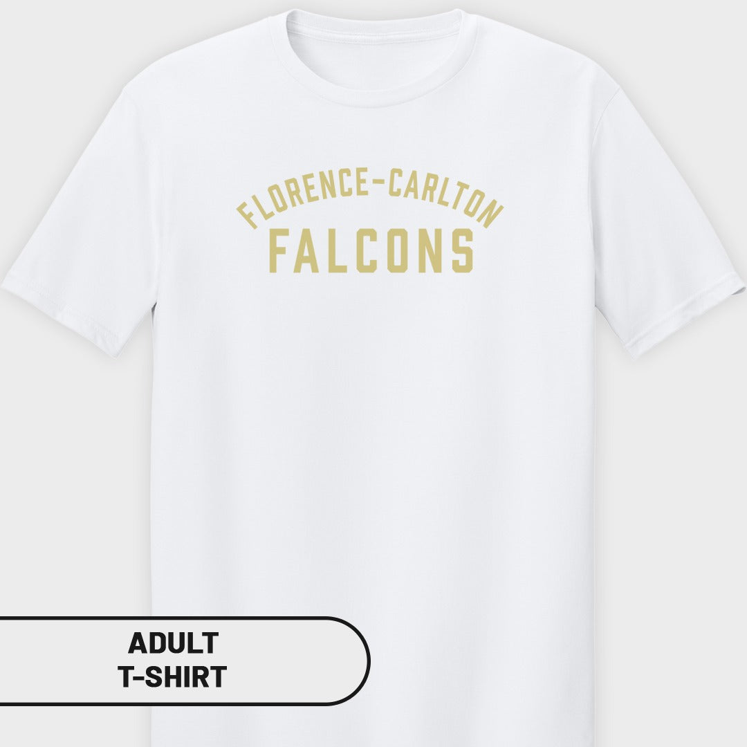White adult t-shirt with gold "Florence-Carlton Falcons" text.