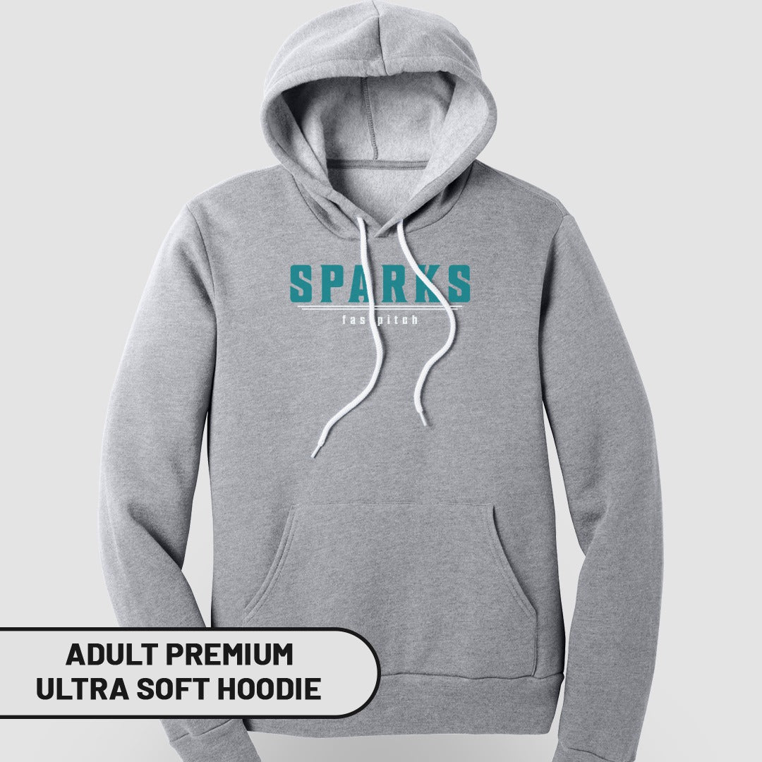 Grey adult premium ultra soft hoodie with "SPARKS" logo and "fast pitch" text.