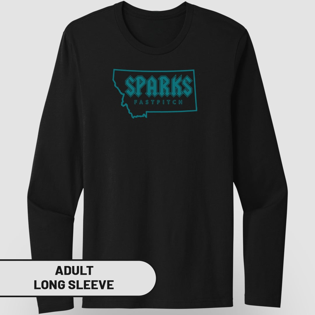 Black long-sleeve shirt with "SPARKS FASTPITCH" in Montana outline.