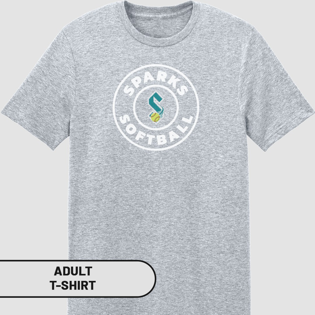 Grey adult t-shirt with white circle logo for Sparks Softball.