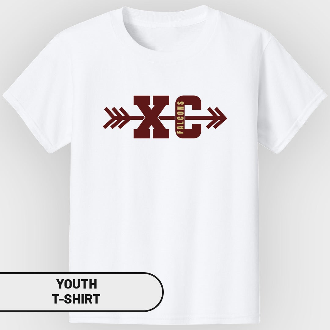 White youth t-shirt with maroon "XC" graphic and "FALCONS" text.