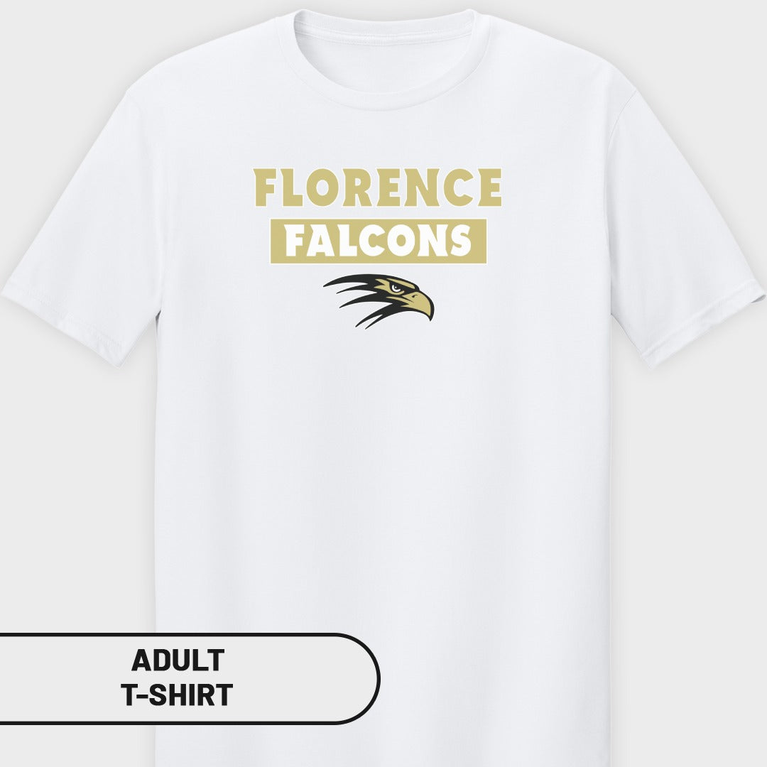 White adult t-shirt with "Florence Falcons" and eagle logo graphic.