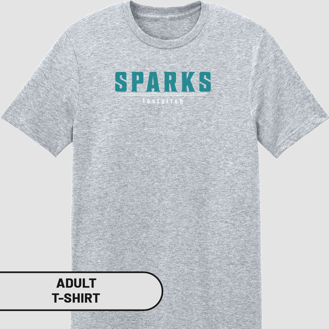 Gray adult t-shirt with "SPARKS" and "laststitch" in teal text.