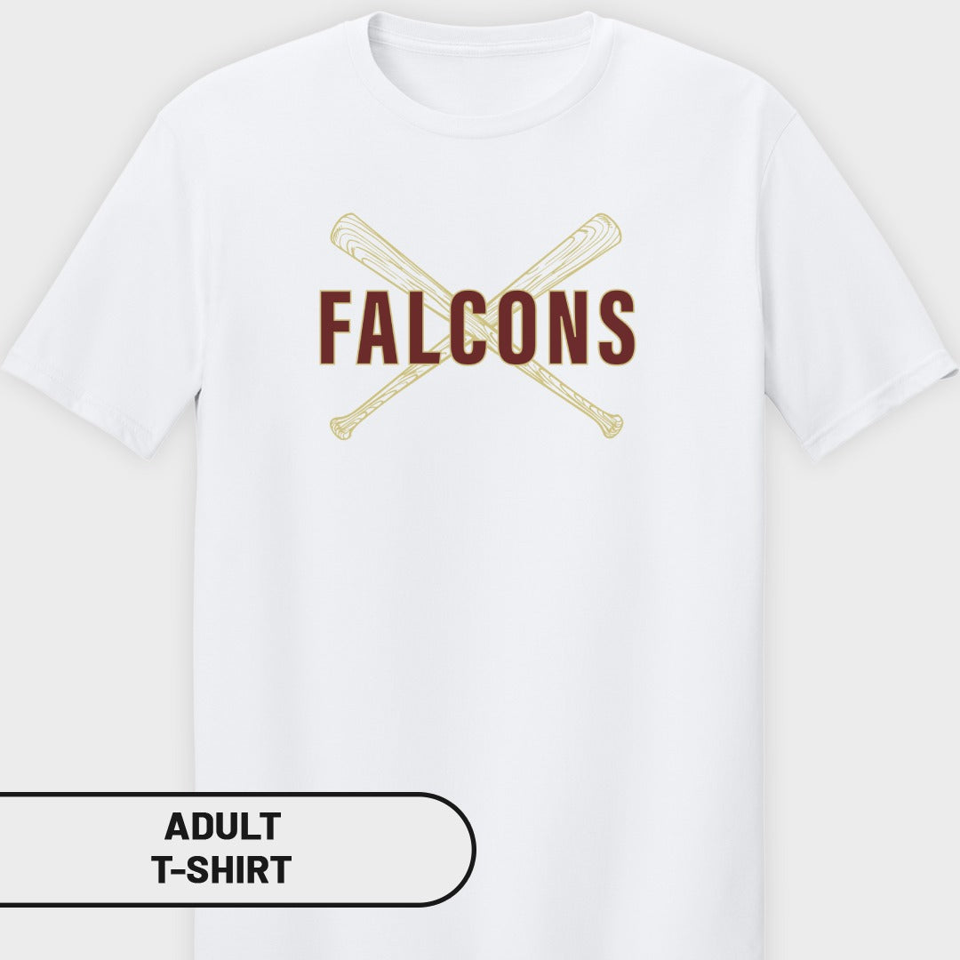 White adult t-shirt with crossed baseball bats and "FALCONS" text.