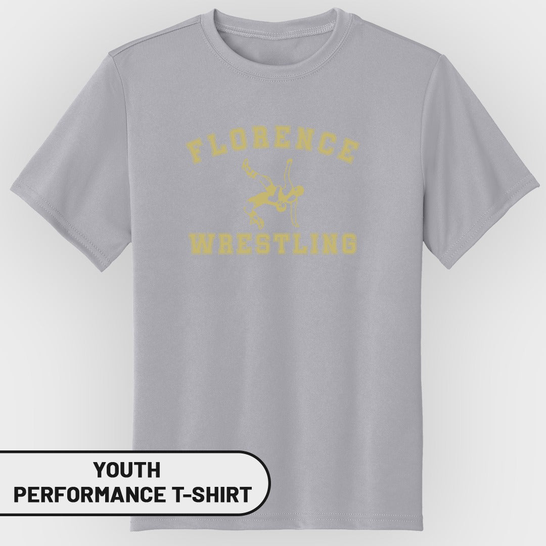 Youth grey t-shirt with "Florence Wrestling" text and wrestling graphic.