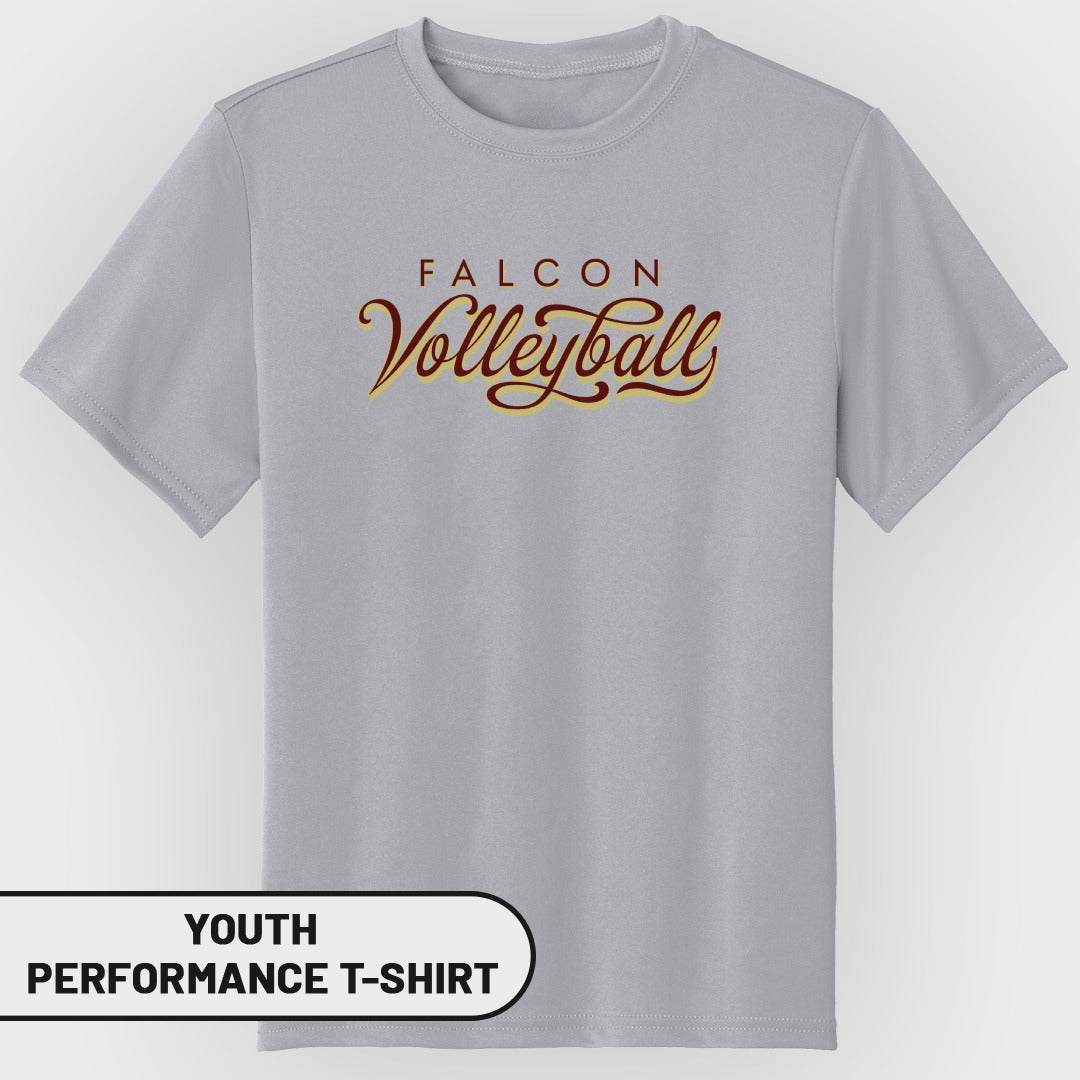 Youth performance t-shirt with "FALCON Volleyball" graphic in maroon and yellow.