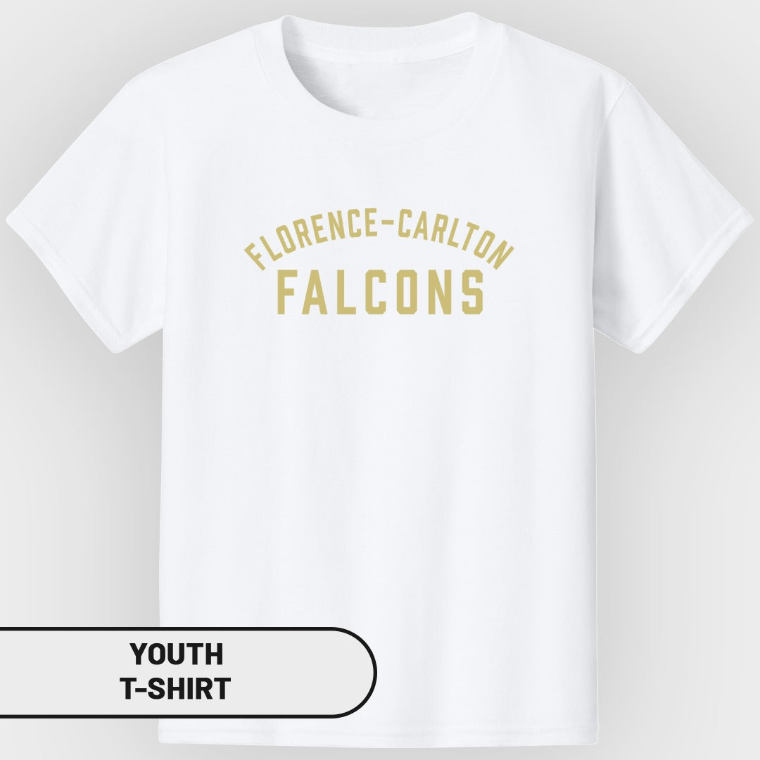 White youth t-shirt with "FLORENCE-CARLTON FALCONS" text.