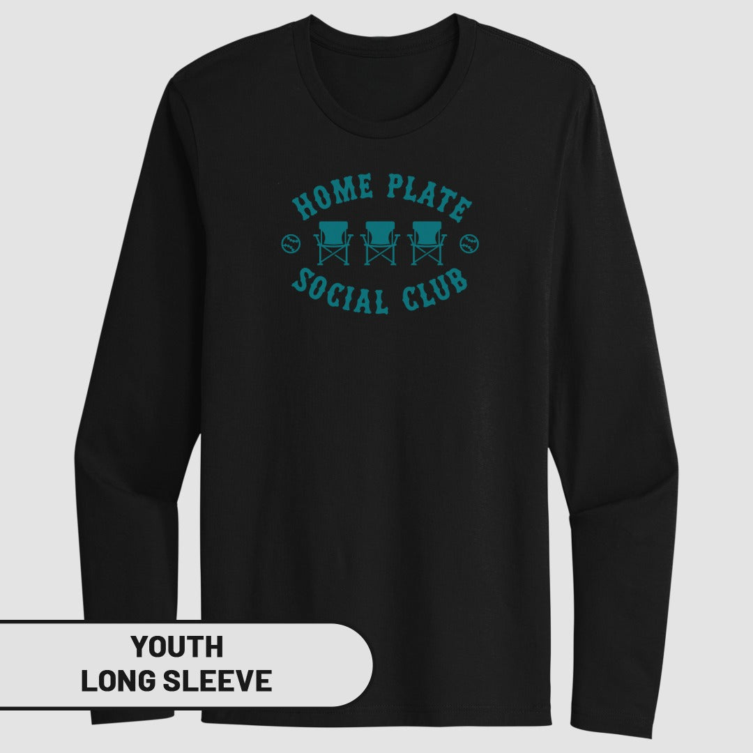 Black youth long sleeve t-shirt with "HOME PLATE SOCIAL CLUB" and baseball graphics.