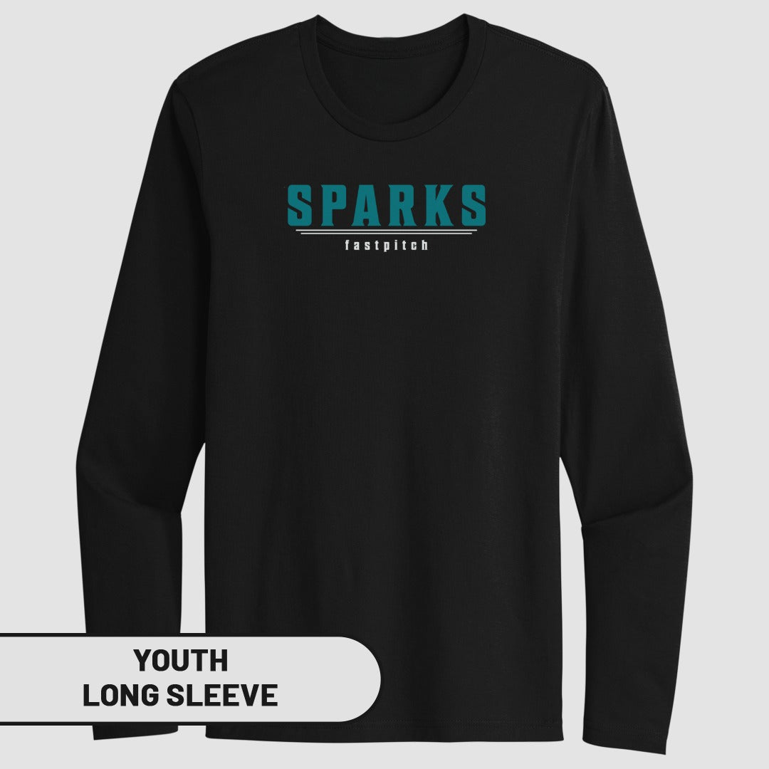 Black youth long sleeve shirt with "SPARKS fastpitch" printed on the chest.