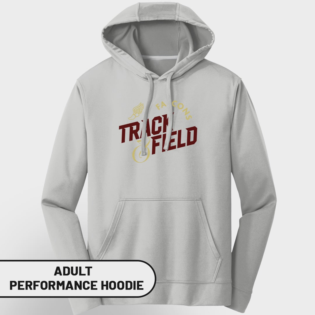 Light gray adult performance hoodie with "Track & Field Falcons" graphic.